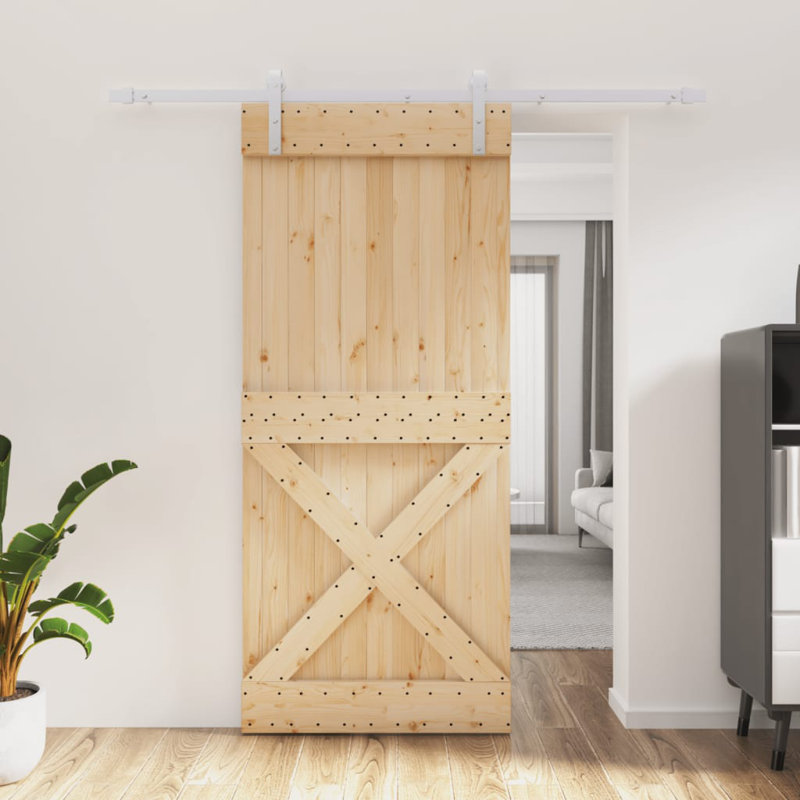 Vidaxl Sliding Door With Hardware Set Solid Wood Pine, Black/Natural, 35.4" x 82.7"