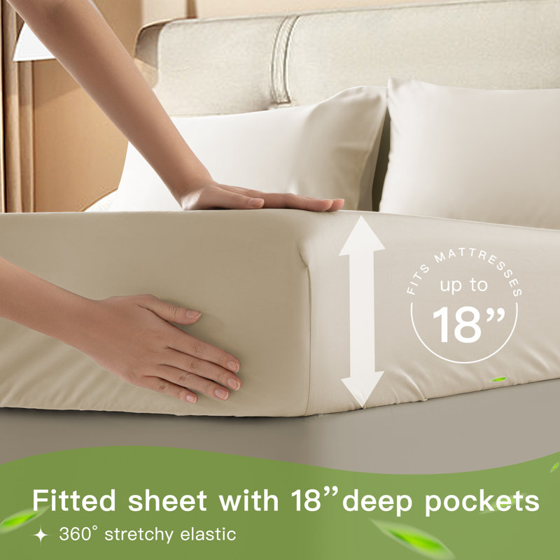 6 Pieces Bamboo Cooling Bed Sheets Set - 16" Deep Pockets, Full Sheet Set + 1 Fitted Sheet + 4 Pillowcases, Beige