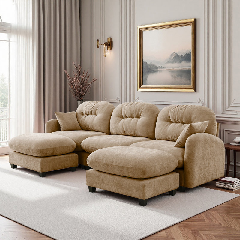 Canapé modulaire en U avec repose-pieds et canapé en chenille, Chenille chameau