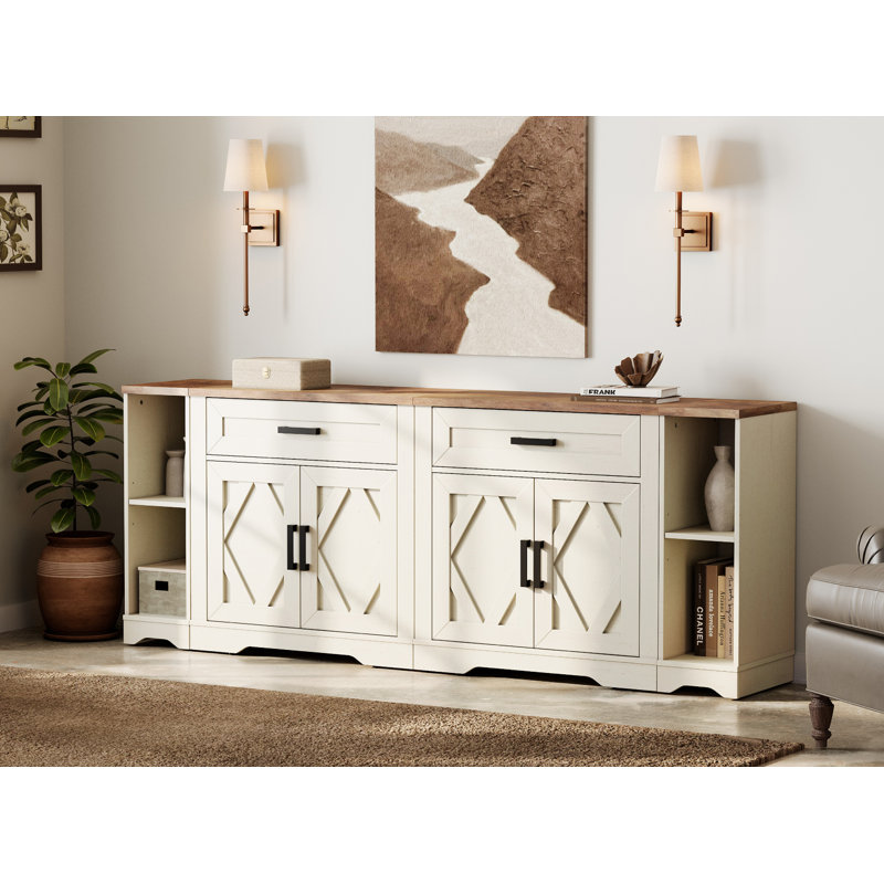 Glenford 82.7"W Large Modern Farmhouse Office Storage Cabinet With Barn Doors & Drawers, Scratch-Resistant Tree Bark Finish