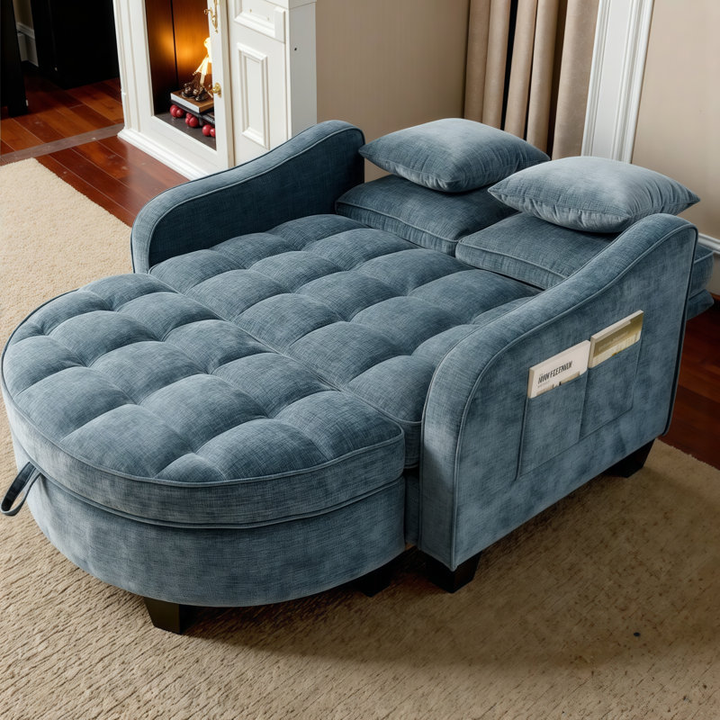 Canapé en velours côtelé 2 places avec repose-pieds de rangement, accoudoirs courbés irréguliers, coussins moelleux et 2 coussins décoratifs Syrova