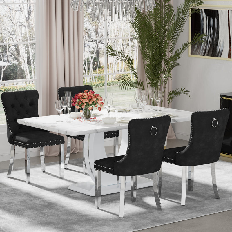 Rectangle Marble Texture Dining Table Set, Black, 5, White/Silver