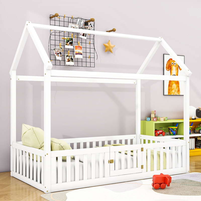 Isakson Wood House Bed with Fence and Door, Twin, White
