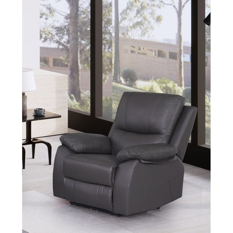 Genuine Leather Single Reclining Chair With Overstuffed Arm And Back For Living Room Bedroom, Brown, Gray