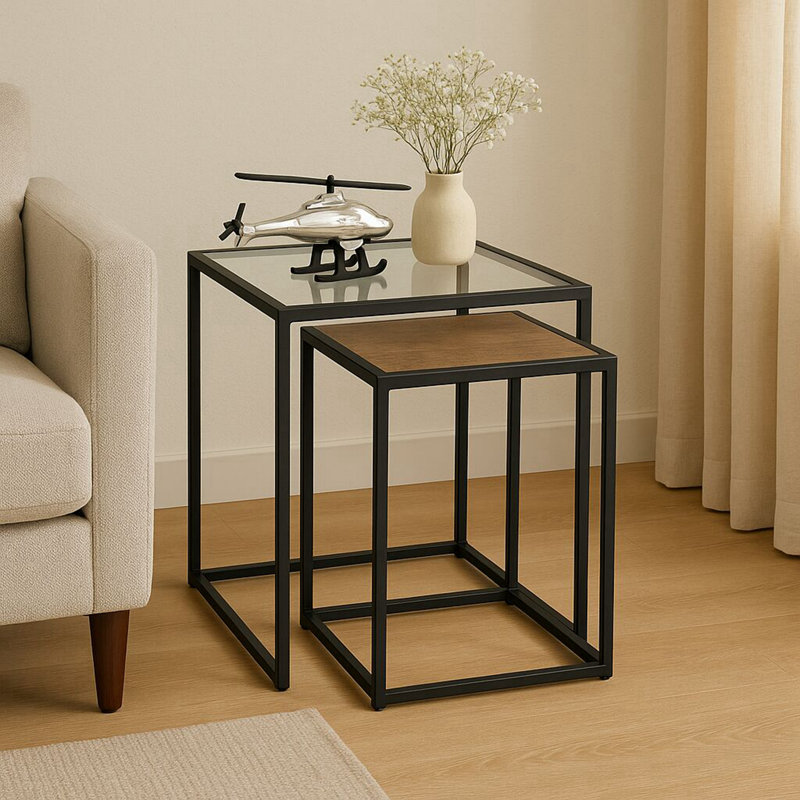 2‑Piece Modern Contemporary Nesting Table Set, Glass and Metal Stacking Side Tables for Stylish Living Room Decor