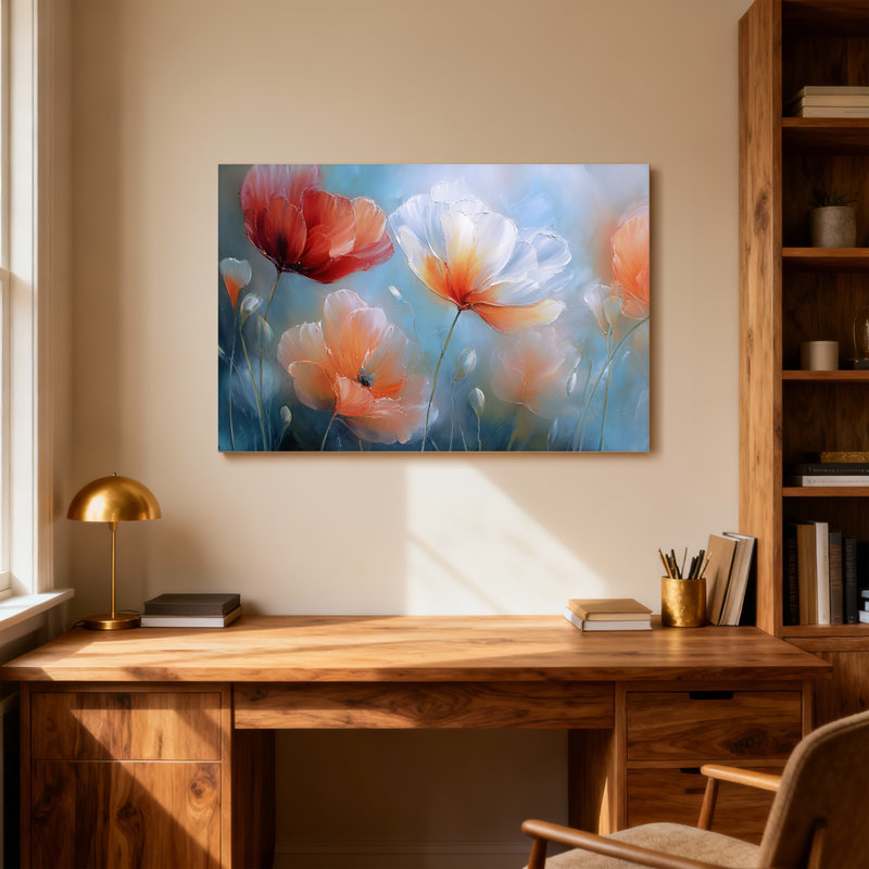 Plantes et fleurs coquelicots, fond bleu doux, H 20 po x l 30 po