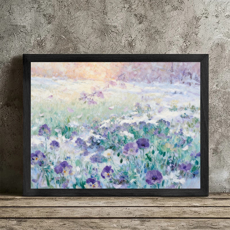 Black Framed Impressionist Wildflower Field Wall Art - Landscape Decor Framed Prints, 11" H x 9" W