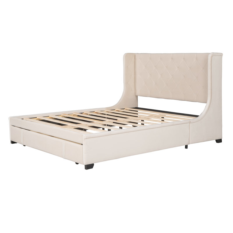 Size Storage Bed Velvet Upholstered Platform Bed With Wingback Headboard And A Big Drawer, Beige
