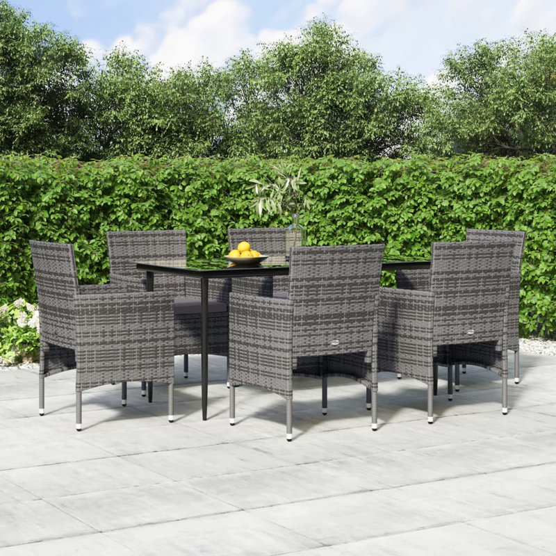Long Dining Set with Cushions, Dark Gray Cushion/Gray Frame, 29.1" H x 31.5" W x 31.5" D, 6