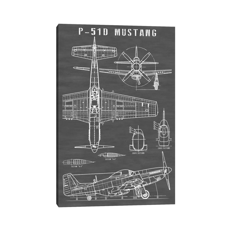 P-51 Mustang avion rétro | Noir - reproduction de dessin, H 18 po x l 12 po x 1,5 po, Toile tendue, Pas de tapis