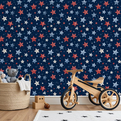 Peel and Stick PVC Wallpaper, Removable Self-Adhesive Wall Covering With Patriotic Red White Blue Star Navy Print, Waterproof for Home Decor - Roll