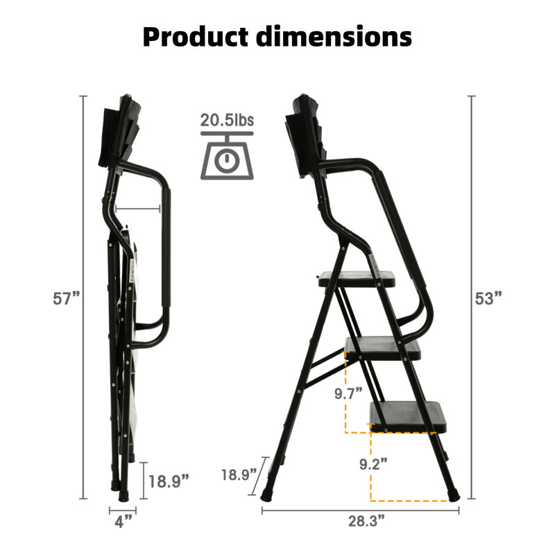 Échelle à trois marches avec mains courantes, structure en acier pliable, larges marches antidérapantes, avec trousse d'outils amovible, convient à la cuisine à domicile, noir