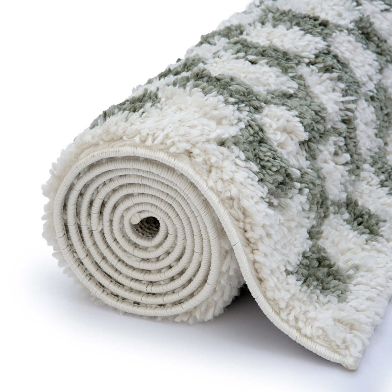 Moodi Modern Shaggy Area Rug Checkered Design, Rectangle 80 x 150 cm, Off-White/Green