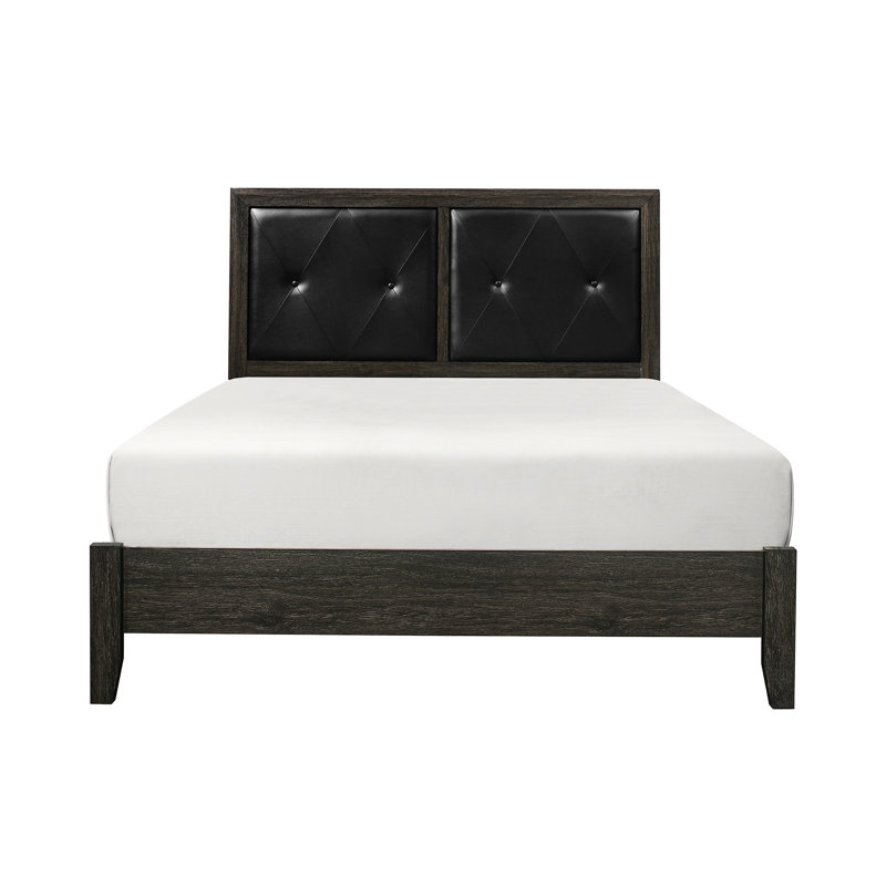 Modern Full Bedroom Bed In Dark Gray Finish With Elegant Faux Leather Headboard And Wooden Support Size Stylish Upholstered Strong Wood Structure