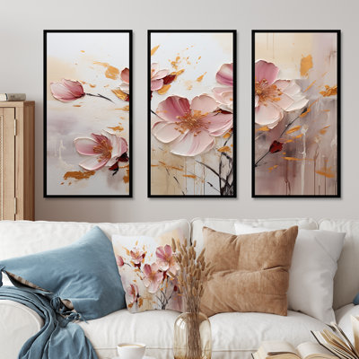 Rose et beige, fleur noire, vague fusion - ensemble de reproductions d'art abstrait