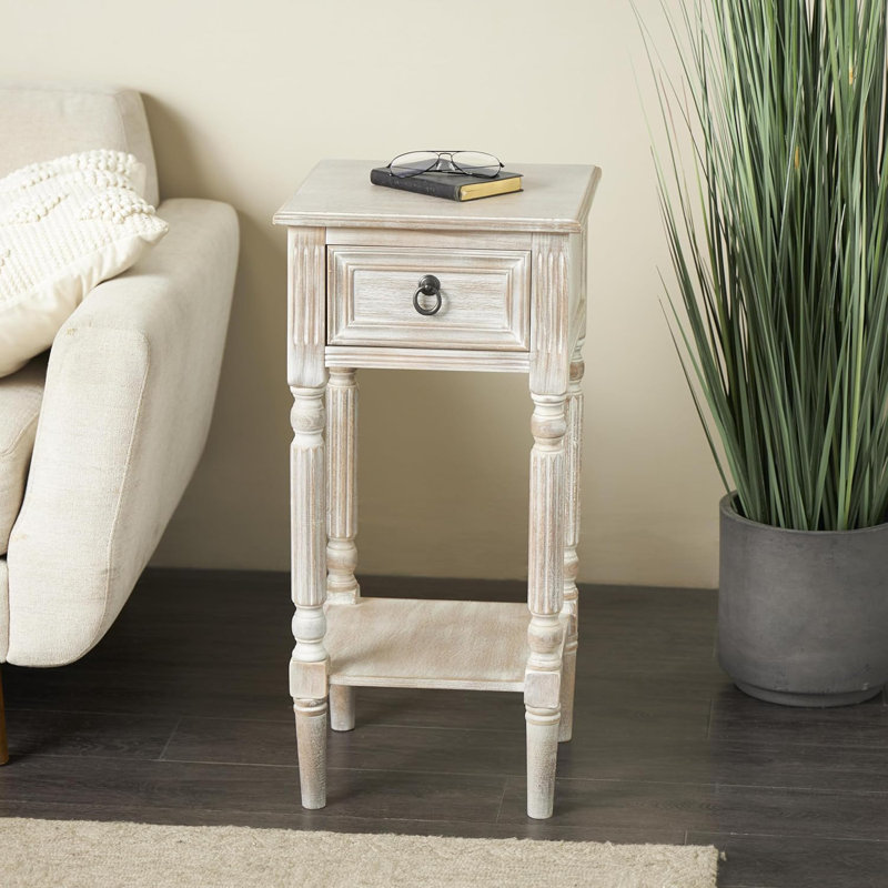 Rustic Farmhouse Wood Side Table With Drawer And Shelf, Pine And MDF Construction, Distressed White Finish