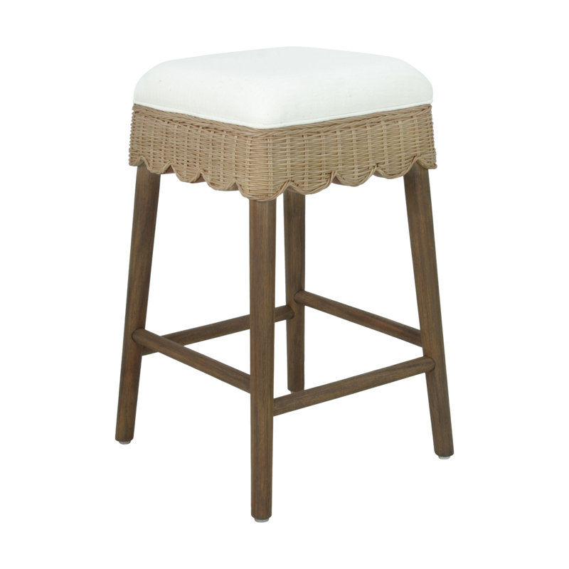 Celia Solid Wood Backless Counterstool With Scallop Woven Rattan Apron and Upholstered White Seat, Medium Brown