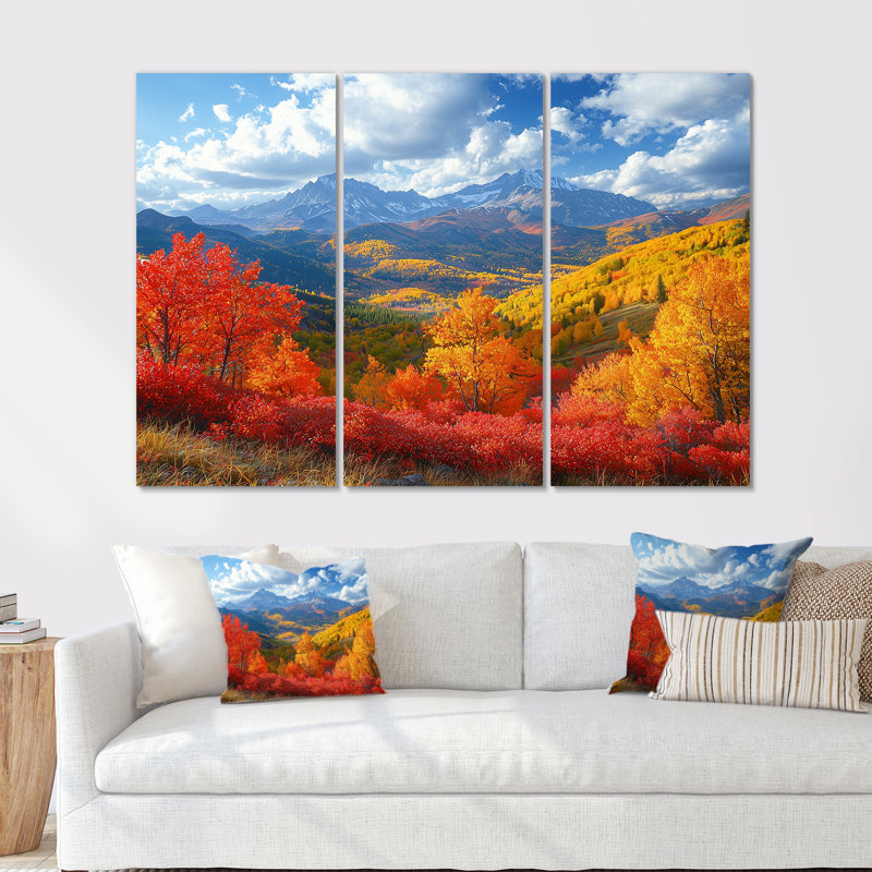 Chaîne de montagnes panoramique en automne II - art mural montagnes - ensemble de 3, H 40 po x l 60 po, Toile tendue