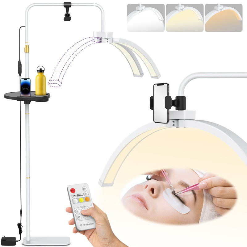 Lampe sur pied pliable avec demi-lune 70,8 po à DEL avec plateau et télécommande. Pour extension de cils, Blanc