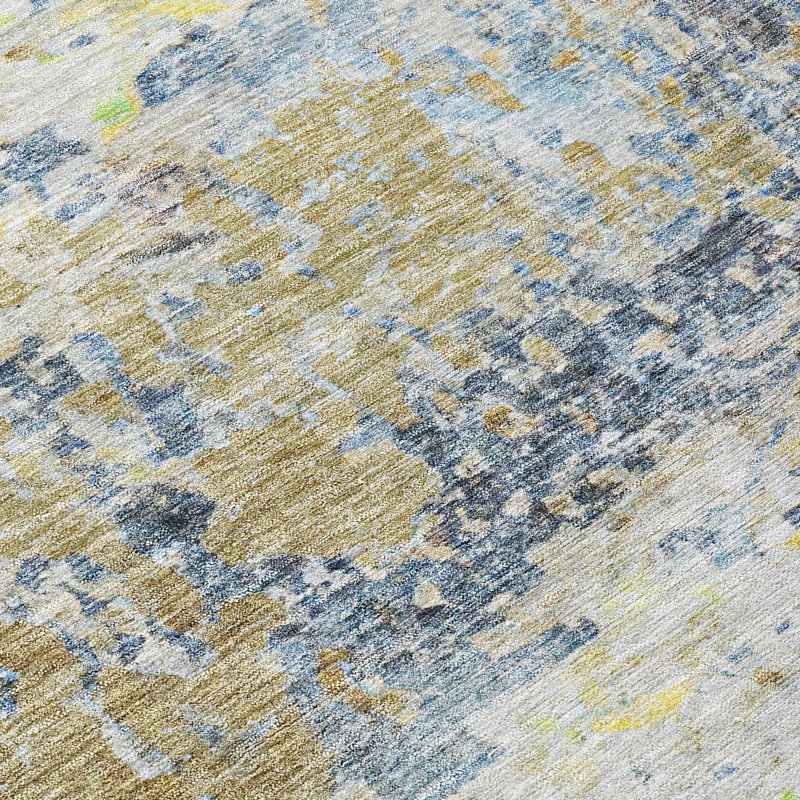 Blue and Beige Rectangular Washable Synthetic Rug