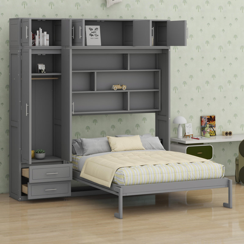 Murphy Bed With Top Cabinet, Gray