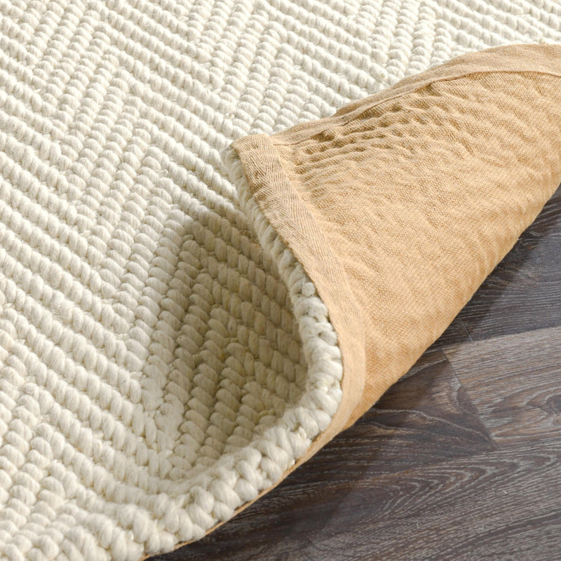 Herringbone 2x3 Hand Woven Wool Blend Fabric Ivory Rug, Rectangle 6' x 9'