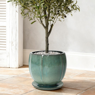 Grande jardinière ronde en céramique 11,4 po de diamètre vert jade avec soucoupe attachée, pot de fleurs d'intérieur glacé