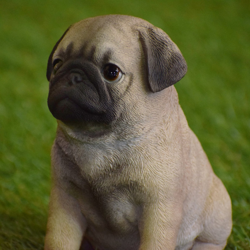 Realistic Tan and Black Sitting Pug Puppy Statue