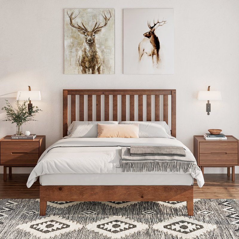 Allare Mid-Century Solid Wood Bed Frame with Headboard, Walnut, Queen