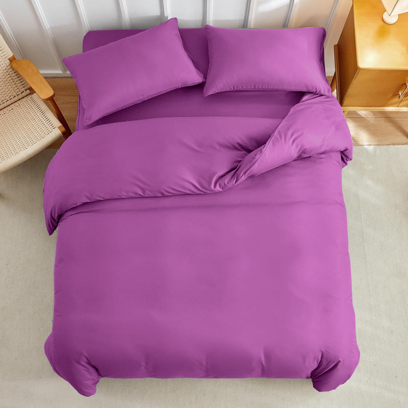 Super Soft Microfibre Reversible Plain Duvet Cover Set, Purple, Double Duvet Cover Set + 2 Pillowcases