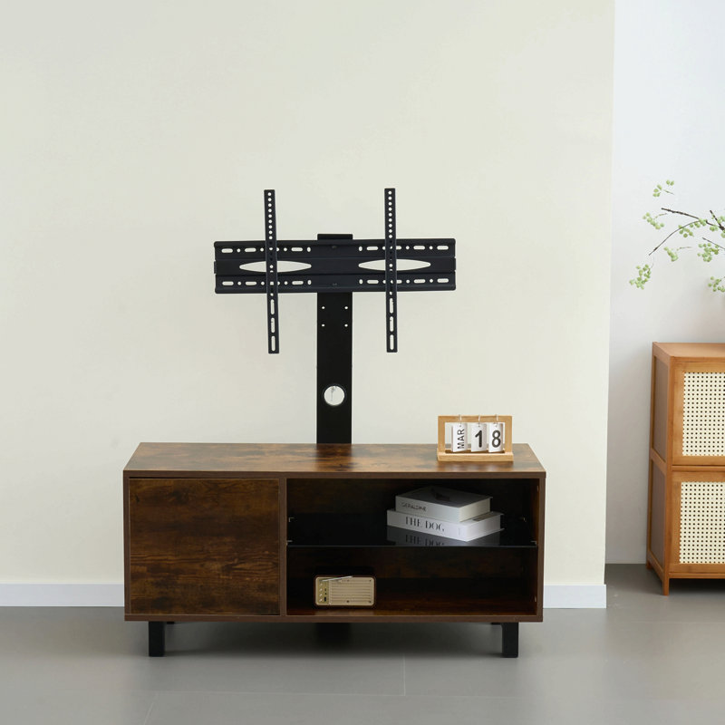 Rustic Brown Tv Console With Push-To-Open Storage Cabinet For Tv Up To 65In Wood &Glass Tv Stand For Living Room Bedroom