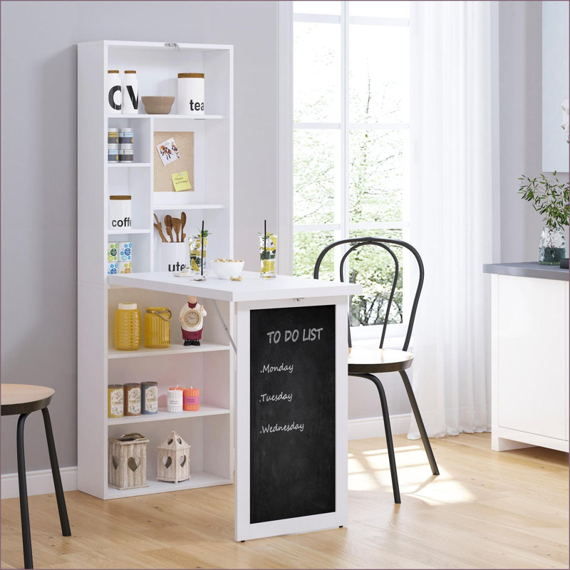 Bureau convertible mural pliable avec tableau noir, tablette latérale, poste de travail multifonctionnel | Blanc | Panneau de particules