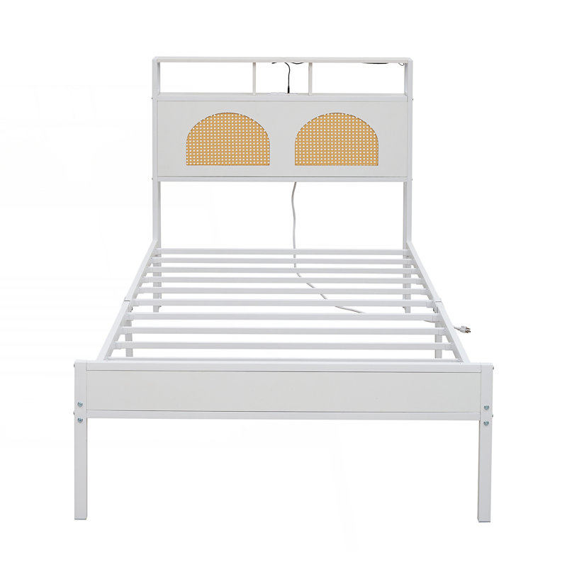 Cadre de lit simple avec tête de lit, lit plateforme avec DEL et station de charge