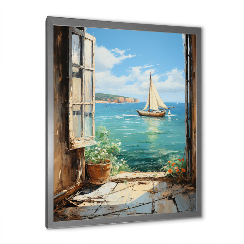 Voilier de bateau, vue sur l'océan II - fenêtres côtières, art mural, H 40 po x l 30 po x P 1,5 po, Cadre simple argenté