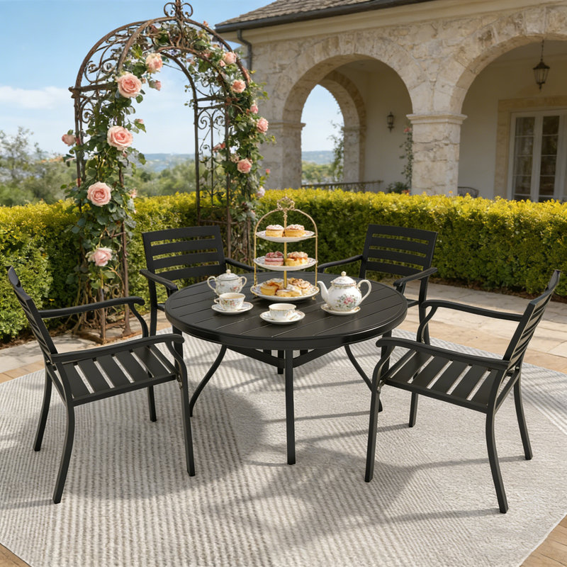 5-Piece Outdoor Amato with Stackable Chairs and Round Slatted Metal Table for Garden or Deck, Black