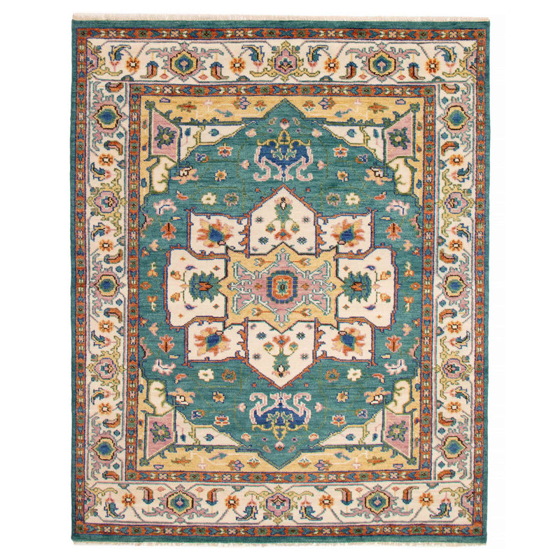 Tapis bleu sarcelle en laine noué à la main 8 pi 0 po x 10 pi 2 po Jules Serapi