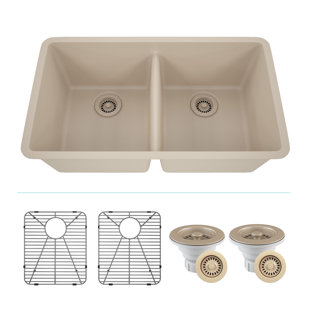 32" x 19" Quartz Kitchen Sink, 50/50 Double Bowl Sink, Drop-in Sink, Undermount Sink, Granite Kitchen Sink, with 2 Steel Grids and Basket Strainer, Disposal Flange