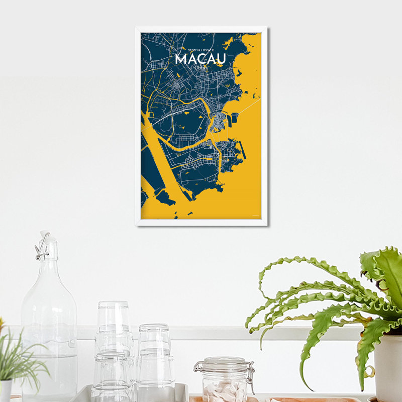 Macau, carte de la ville, impression, H 17 po x l 11 po, Bleu / Jaune