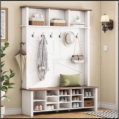 Farmhouse 4-in-1 Hall Tree with 6 Hooks, Adjustable Shelves, and 16 Compartments, Ideal for Entryway and Mudroom Organization