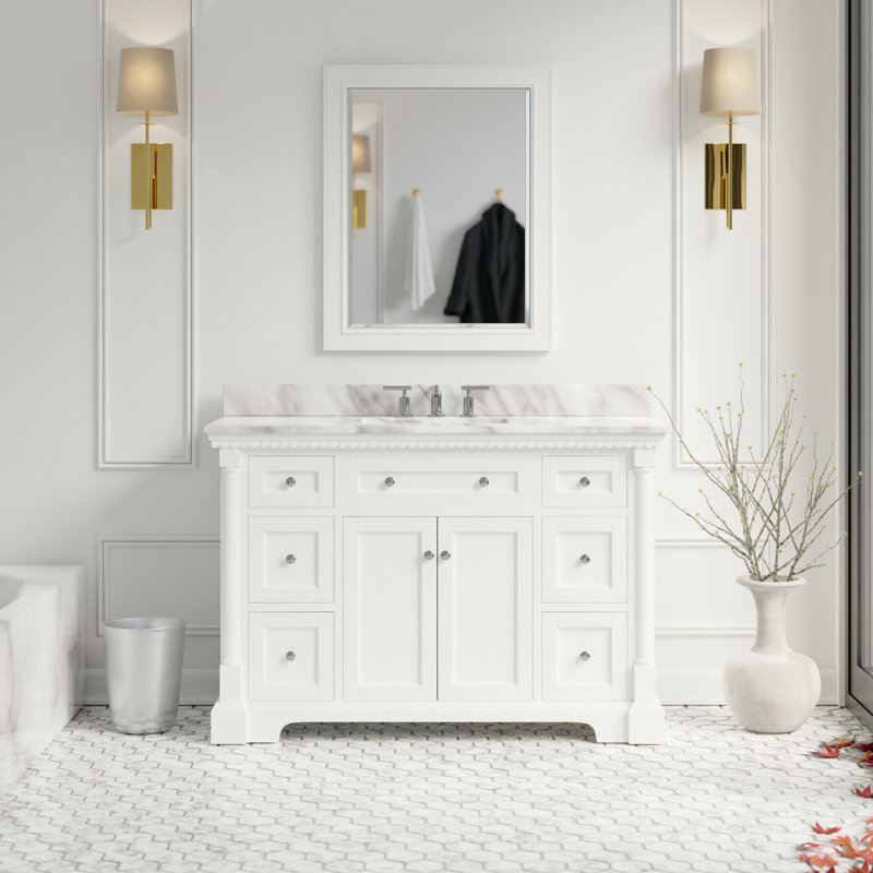 Meuble-lavabo simple 48 po Fossen, Blanc, Marbre de Carrare