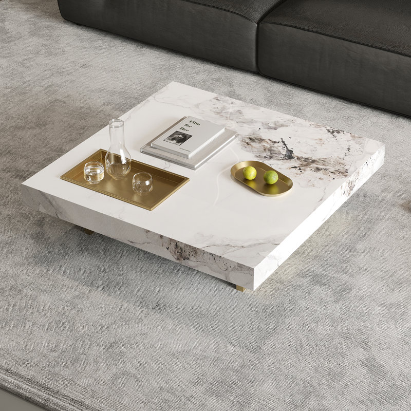 42“ Square Coffee Table with Glossy Sintered Stone Table-top, Modern Coffee table with Stainless steel legs for Living Room