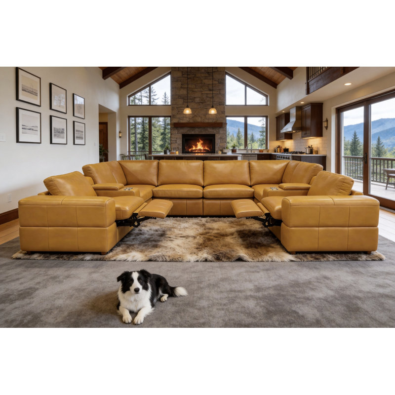 Tunzionkin Leather Match Reclining Modular Sectional, Ginger Leather Match