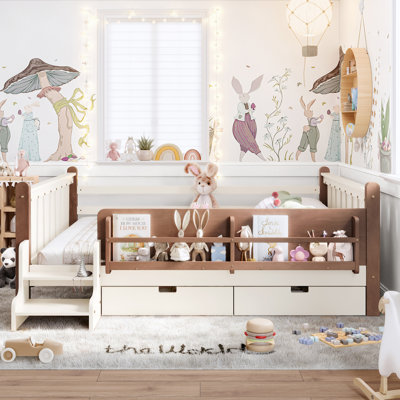 Queen Size Solid Wood Kids Floor Bed with Storage Bookcases, Drawers, Guardrails & Cute Stairs, No Box Spring, Beige