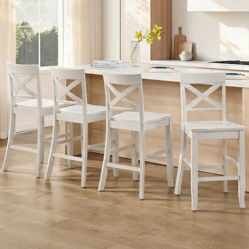 Solid Wood X-Back Counter Height Bar Stool, 4, White