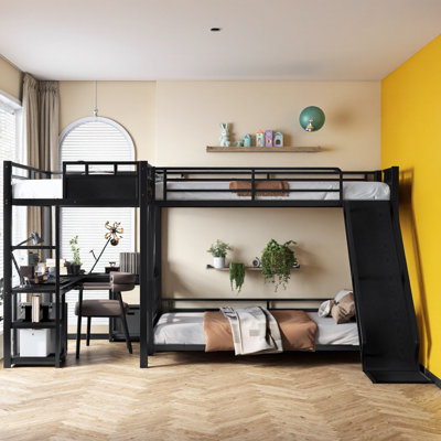 Lit superposé triple en L en forme de L avec glissade, bureau et tablettes de rangement, lit mezzanine avec ports de chargement USB