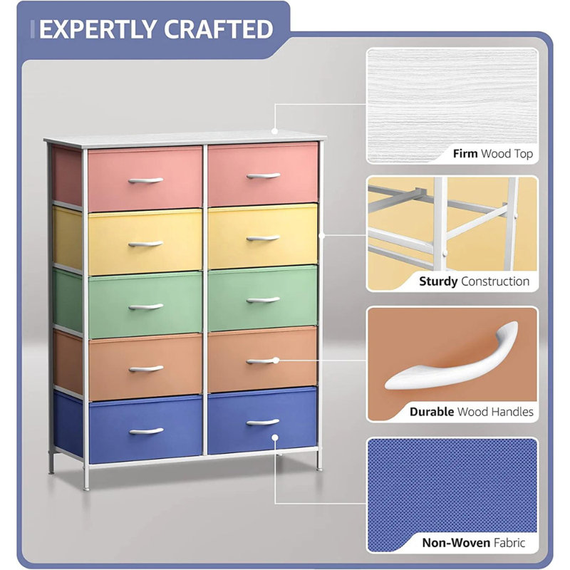 Sorbus 10 Drawers Dresser with Steel Frame and Fabric Bins, Yellow/Orange