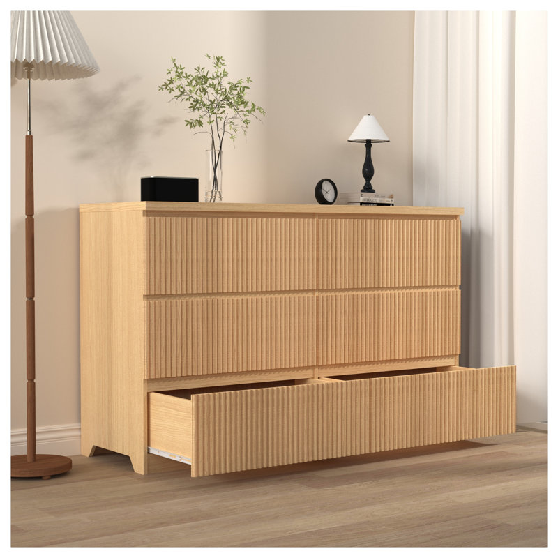Commode de rangement à six tiroirs en bois naturel avec tiroirs ondulés et intérieur spacieux