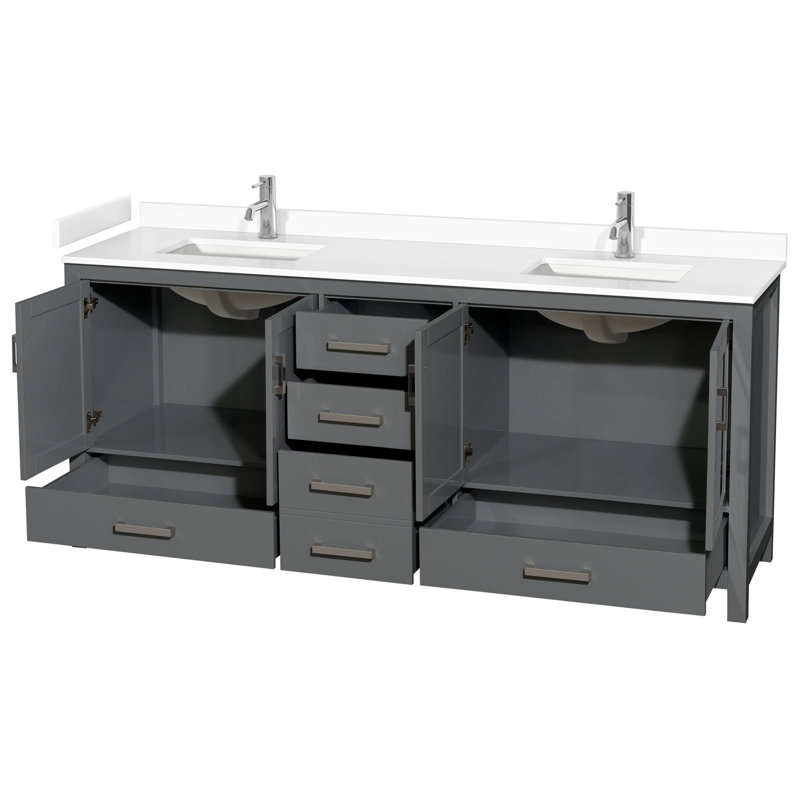 Sheffield 80" Double Bathroom Vanity Set, White Cultured Marble, Dark Gray