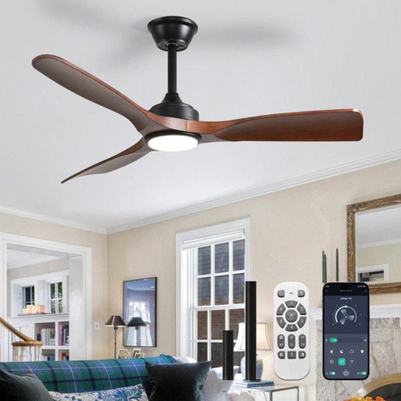 52'' Walnut Modern Ceiling Fan Indoor/Outdoor Fan for Patios with Light and Remote Control 6-Speed Mute Reversible Motor Time