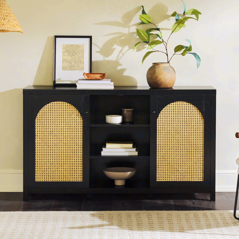 58" 2-Door Sideboard with Arched Rattan Panels, Black